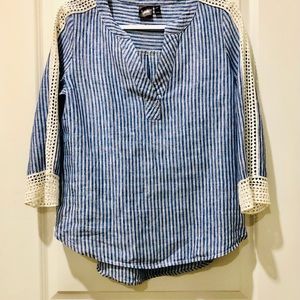 Rafaella | Linen Stripe Blue White V Neck Shirt